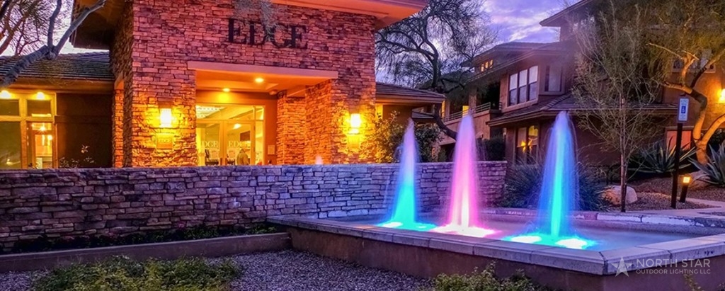 North Star Outdoor Lighting in Scottsdale Arizona showing fountain colored lighting in front of business
