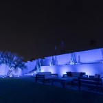 Backyard lit in blue with color-changing LED lighting on the wall and planting