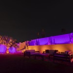 Backyard lit in purple and orange with color-changing LED landscape lighting