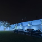 Backyard lit in blue and teal with color-changing LED landscape lighting