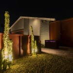 Uplit columnar cactus beside a rust-metal delivery gate and lit home at night