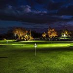 Lit putting green with a flagstick at night, uplit trees along the far edge