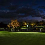 Golf course green and water feature lit at dusk with uplit trees