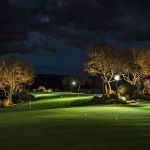 Golf green and uplit trees at dusk with a pole light beside the fairway