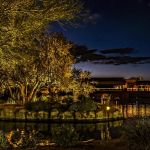Uplit trees and a stone lake edge on a golf course at dusk