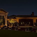 Backyard patio and lawn lit at night with an uplit tree and lounge seating