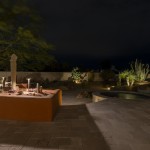 Backyard pool and raised fire feature lit at night with uplit cactus