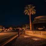 Lit St. George Antiochian Orthodox Church monument sign with an uplit palm at night