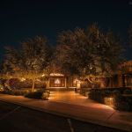 Lit building entrance behind trimmed hedges at night with uplit trees